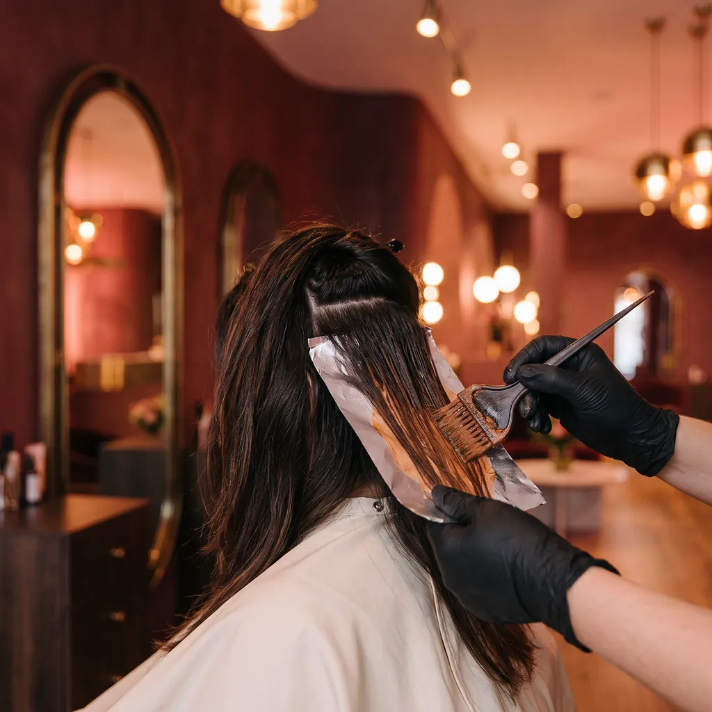 Illustrative image: gloved hands painting copper colour onto a section of hair over foil