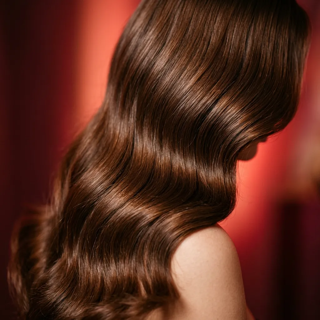 Illustrative image: long, glossy chestnut waves falling over a shoulder