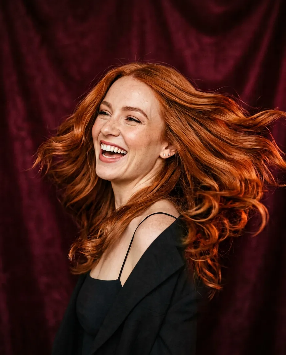 Illustrative image: a woman laughing as she tosses glossy copper-red hair