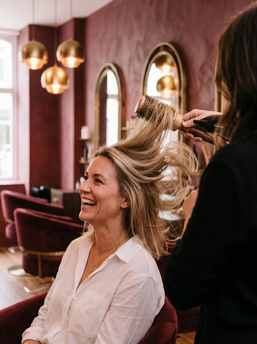 Illustrative image: a laughing client in a white shirt as her blonde hair is lifted with a round brush