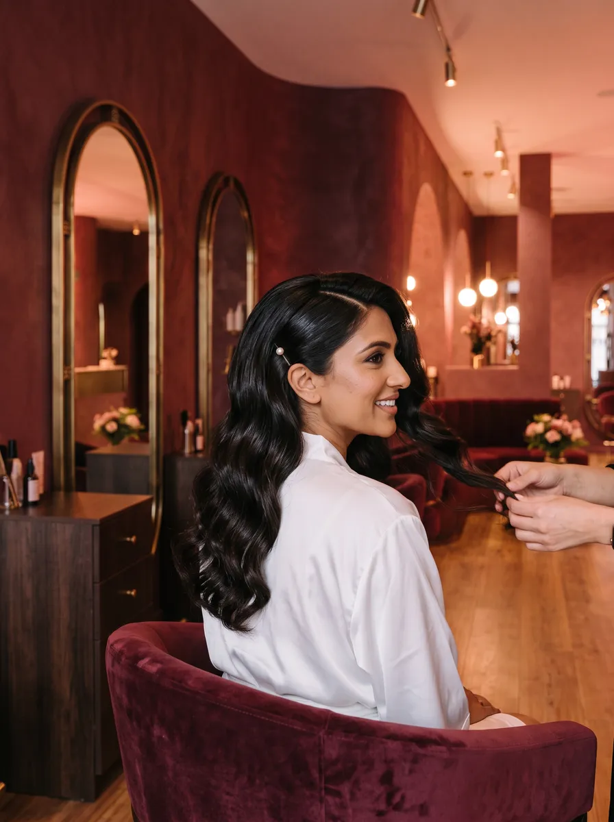 Illustrative image: a bride-to-be in a white satin robe has her long dark waves swept to one shoulder with a pearl pin
