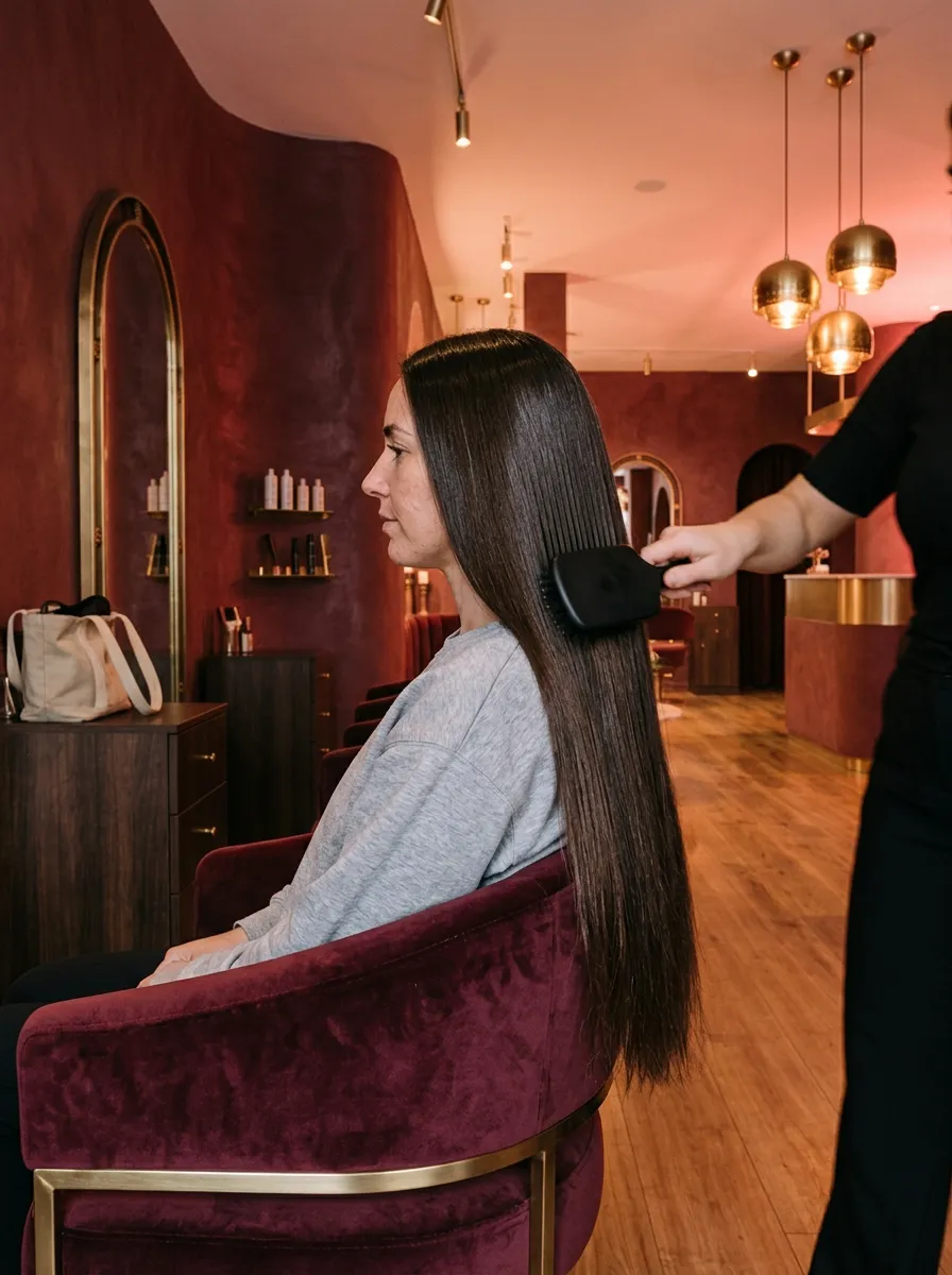 Illustrative image: very long, glossy brunette hair brushed through in a velvet styling chair