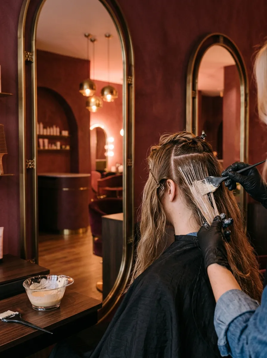 Illustrative image: a stylist paints balayage onto sectioned hair at a styling station