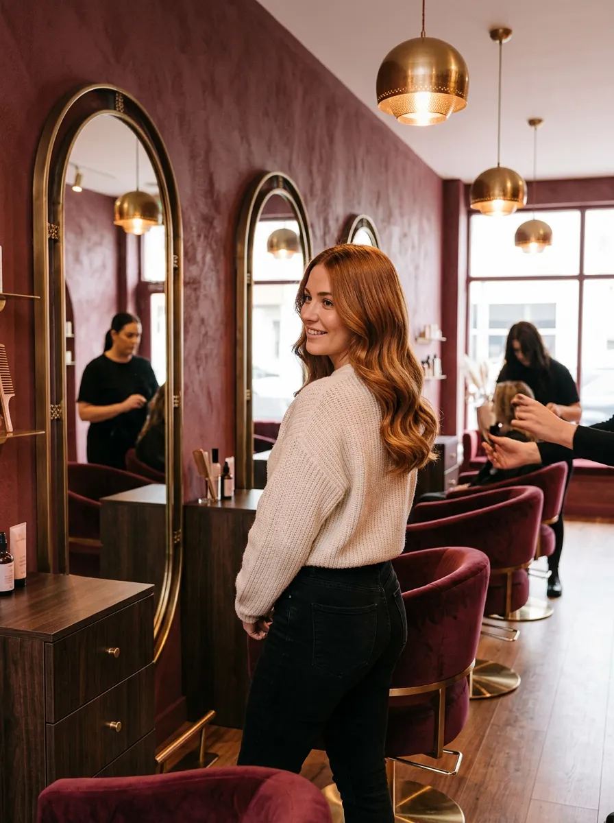 Illustrative image: a woman in a cream jumper checks her long copper waves in an arched brass mirror in the salon