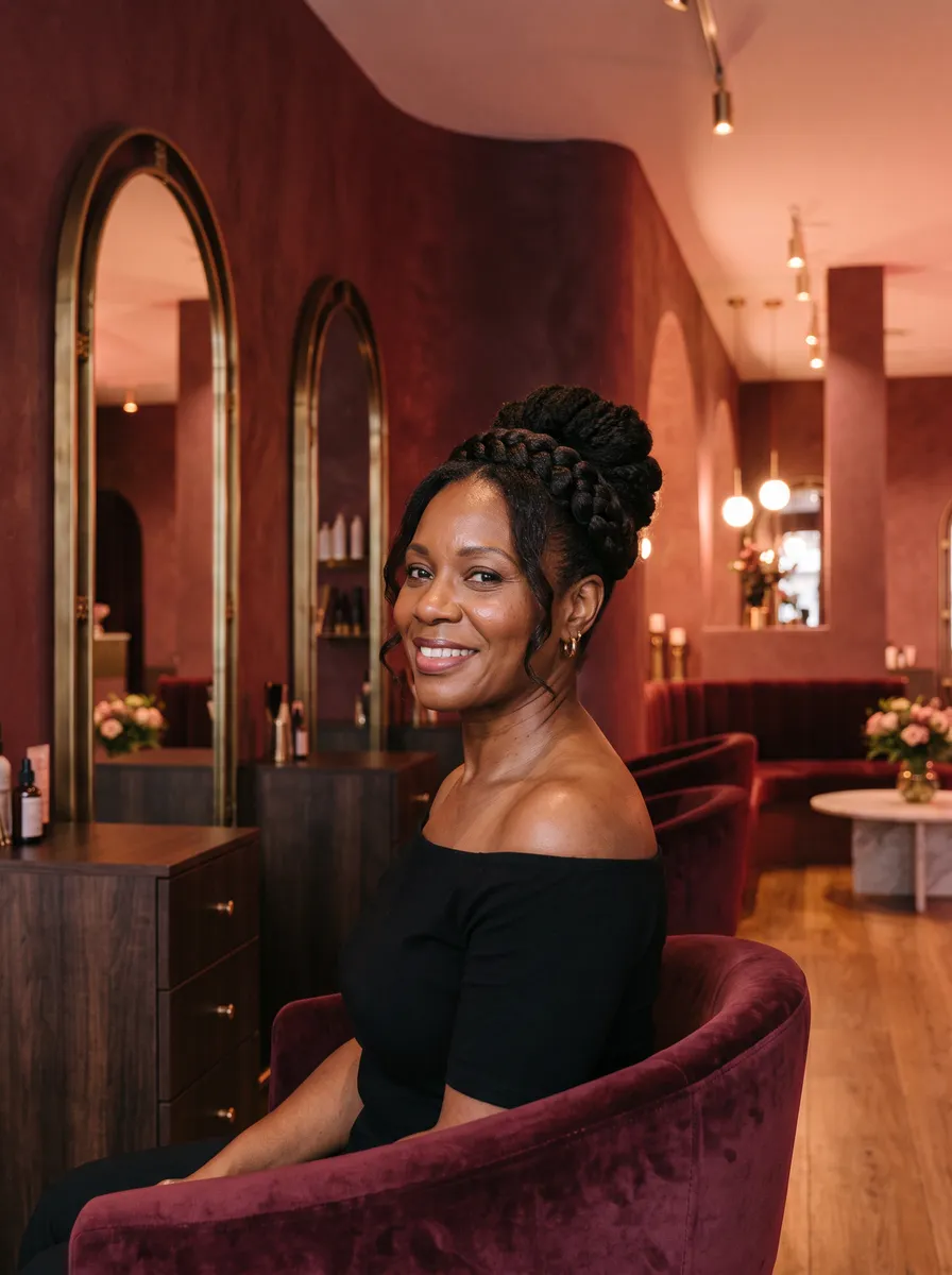 Illustrative image: a woman in a black off-the-shoulder top smiles in a velvet chair with a braided crown updo