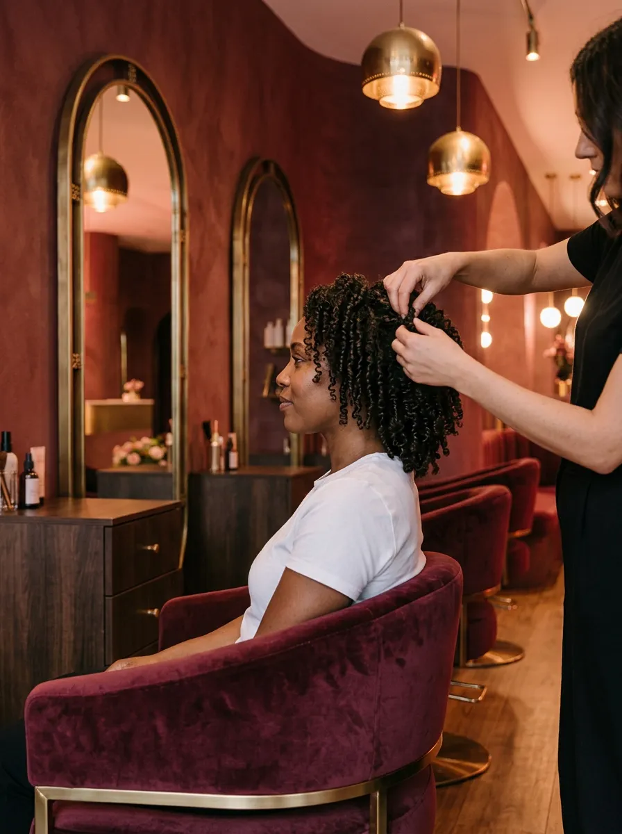 Illustrative image: a stylist shapes defined coils on a client in a white t-shirt
