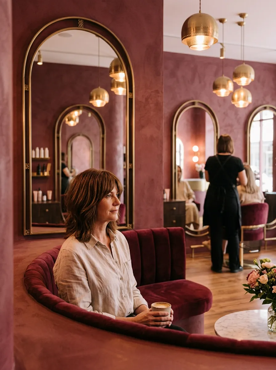 Illustrative image: a client with a chestnut shag and curtain fringe relaxes on the velvet banquette with a coffee