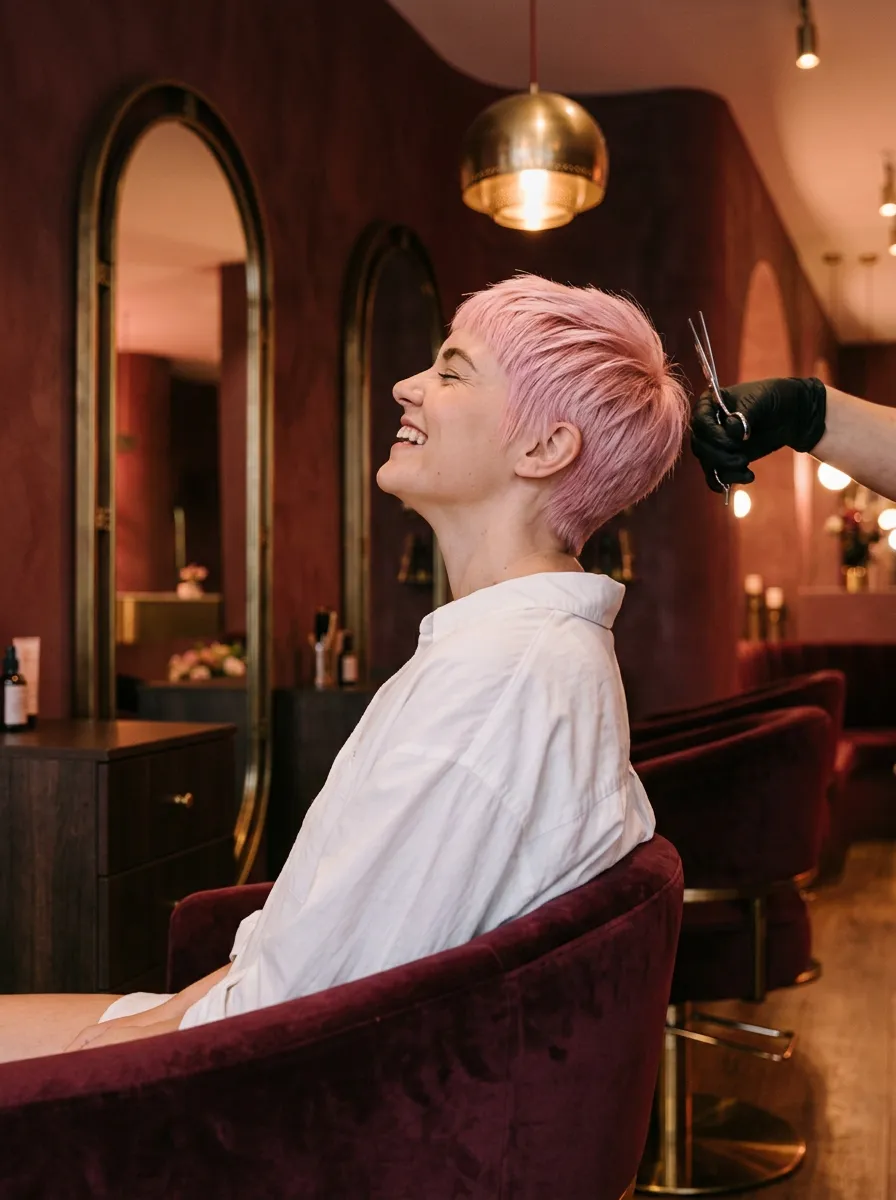 Illustrative image: a client laughs in the chair after a short pink pixie cut