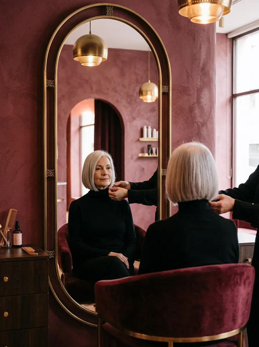 Illustrative image: a stylist adjusts a sharp silver bob, seen in the arched mirror
