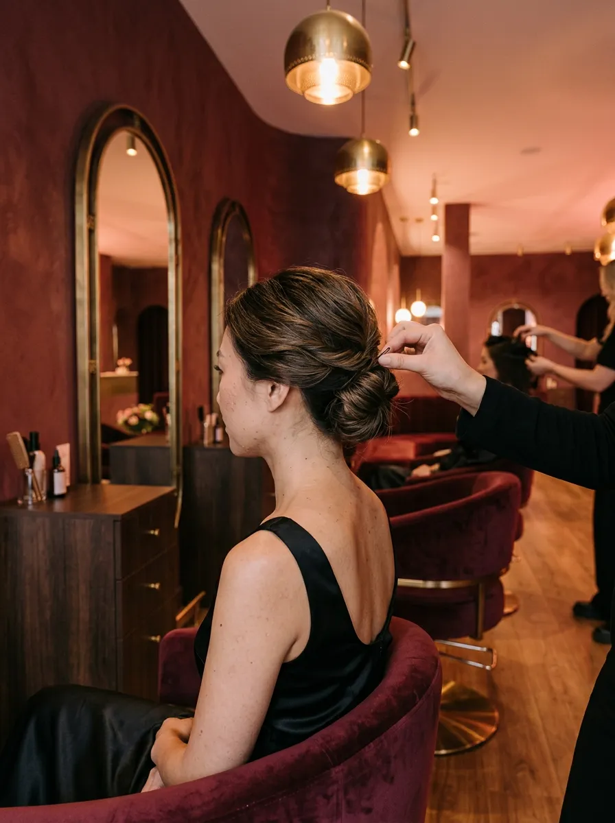 Illustrative image: a stylist places the last pin in a low textured chignon