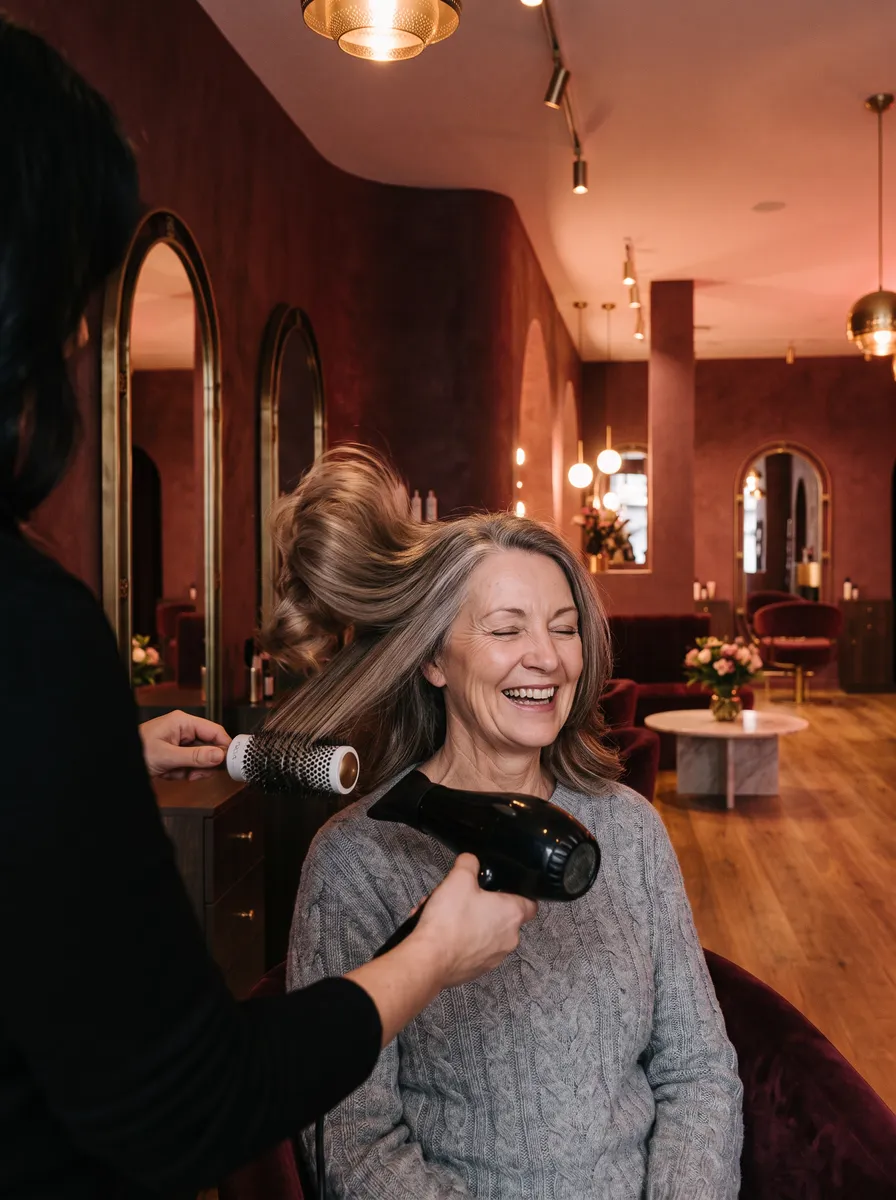 Illustrative image: a laughing client in a grey jumper as her shoulder-length hair is lifted with a round brush and dryer