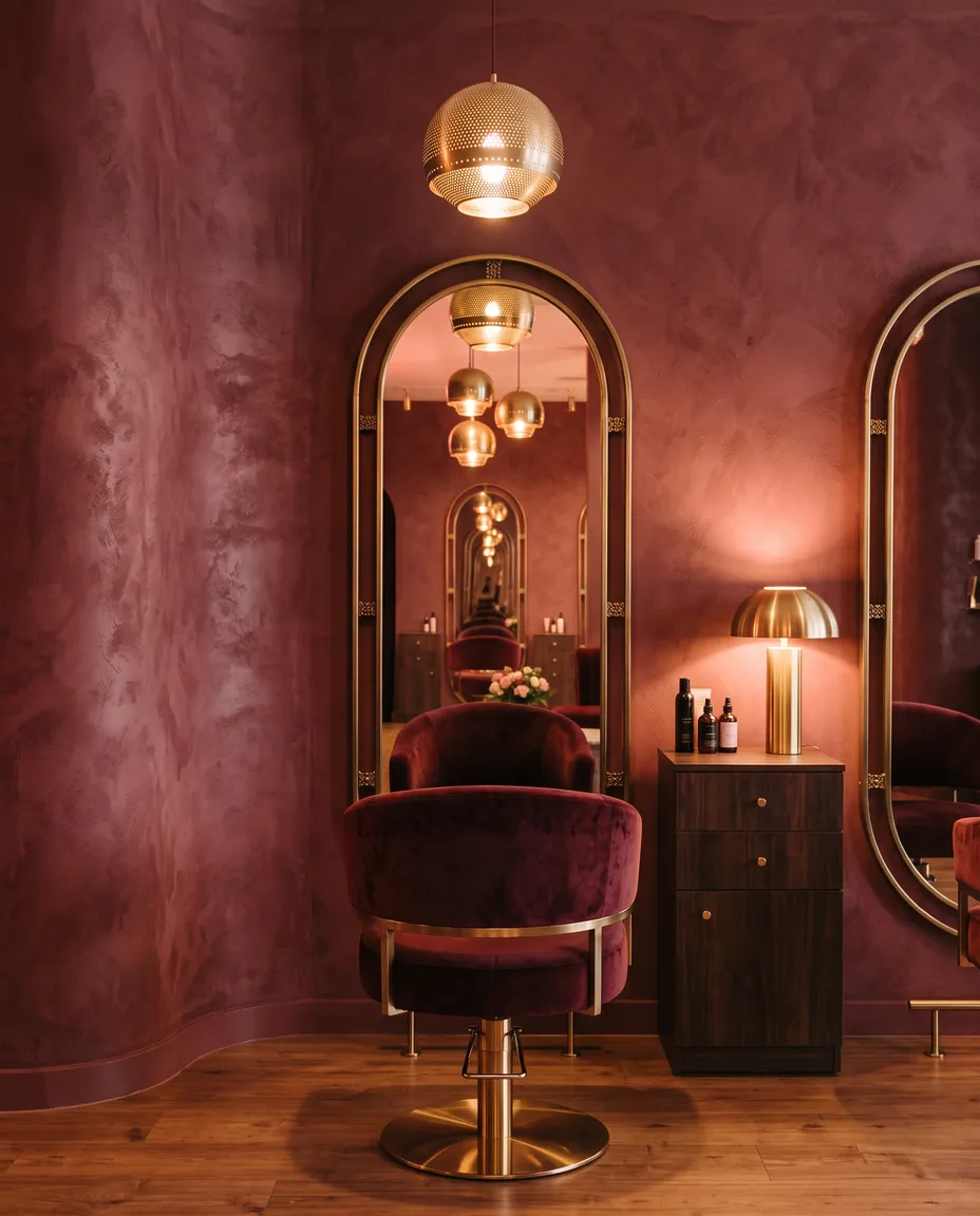 Illustrative image: a velvet styling chair beneath an arched mirror in the salon