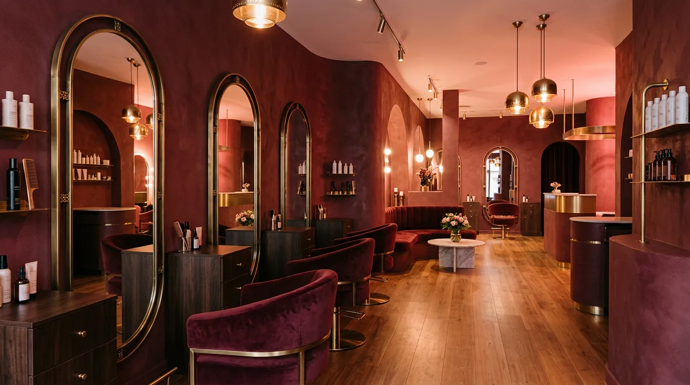 Illustrative image: the salon floor with arched mirrors, velvet seating and warm rouge light