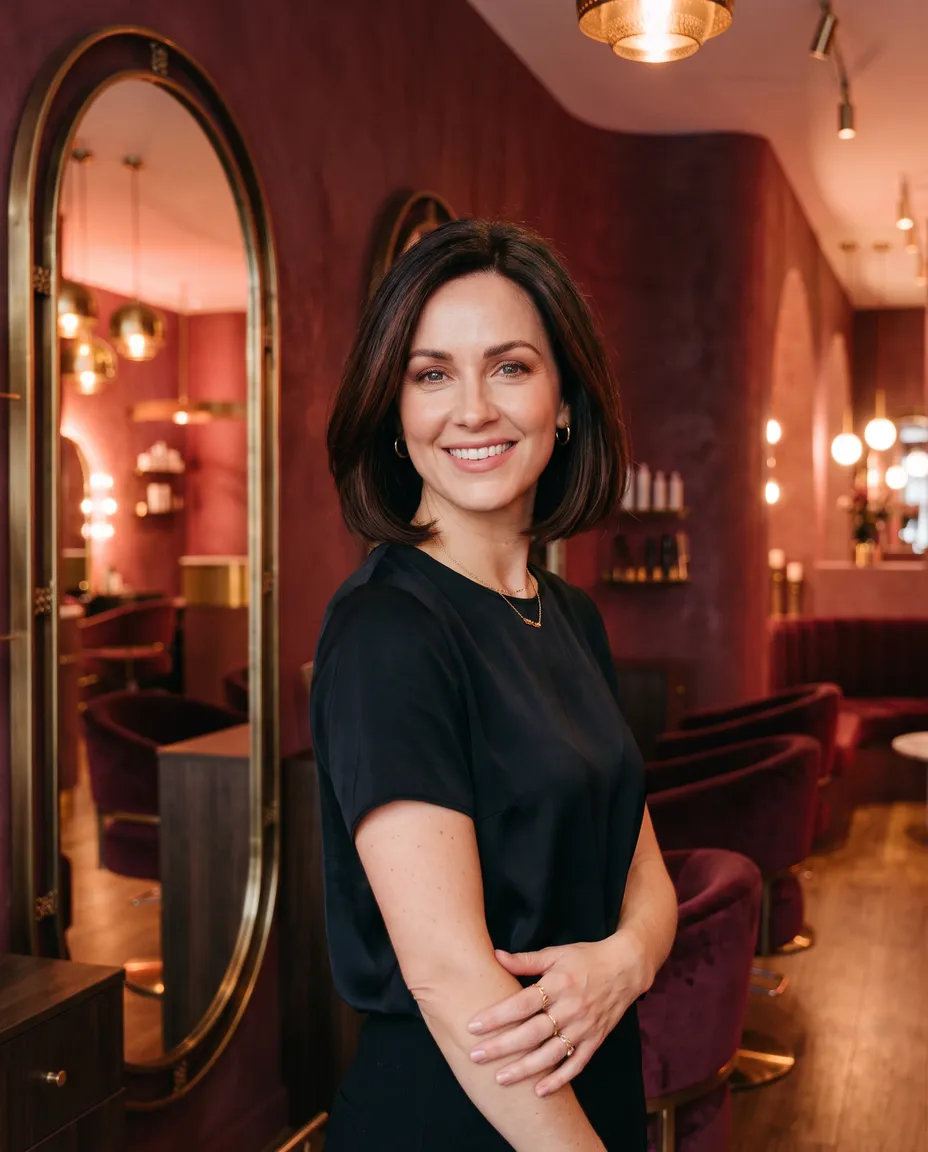 Illustrative image: a stylist with a dark bob, smiling, beside an arched brass mirror in the salon