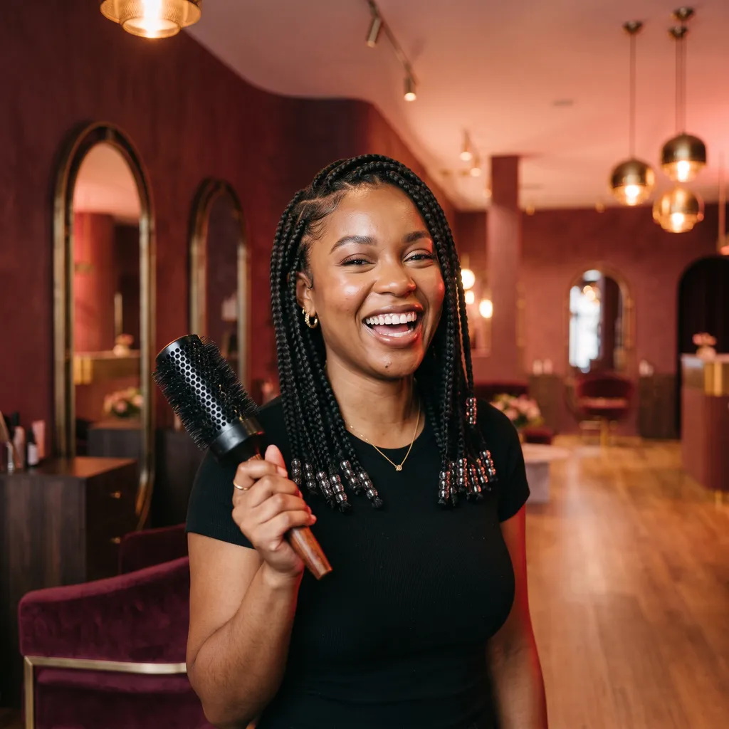 Illustrative image: a stylist with braided hair, laughing, holding a round brush on the salon floor