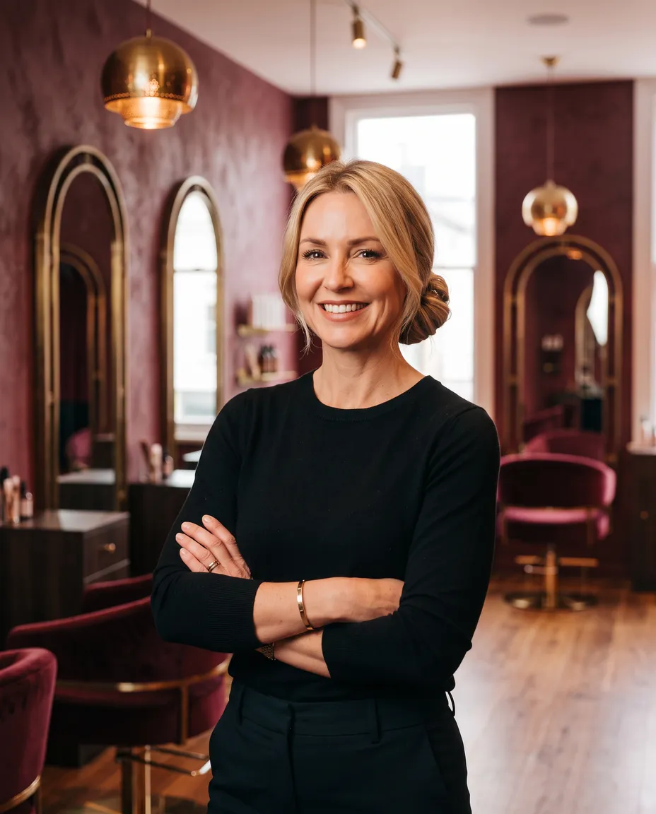 Illustrative image: a stylist with blonde hair tied back, arms folded, on the salon floor